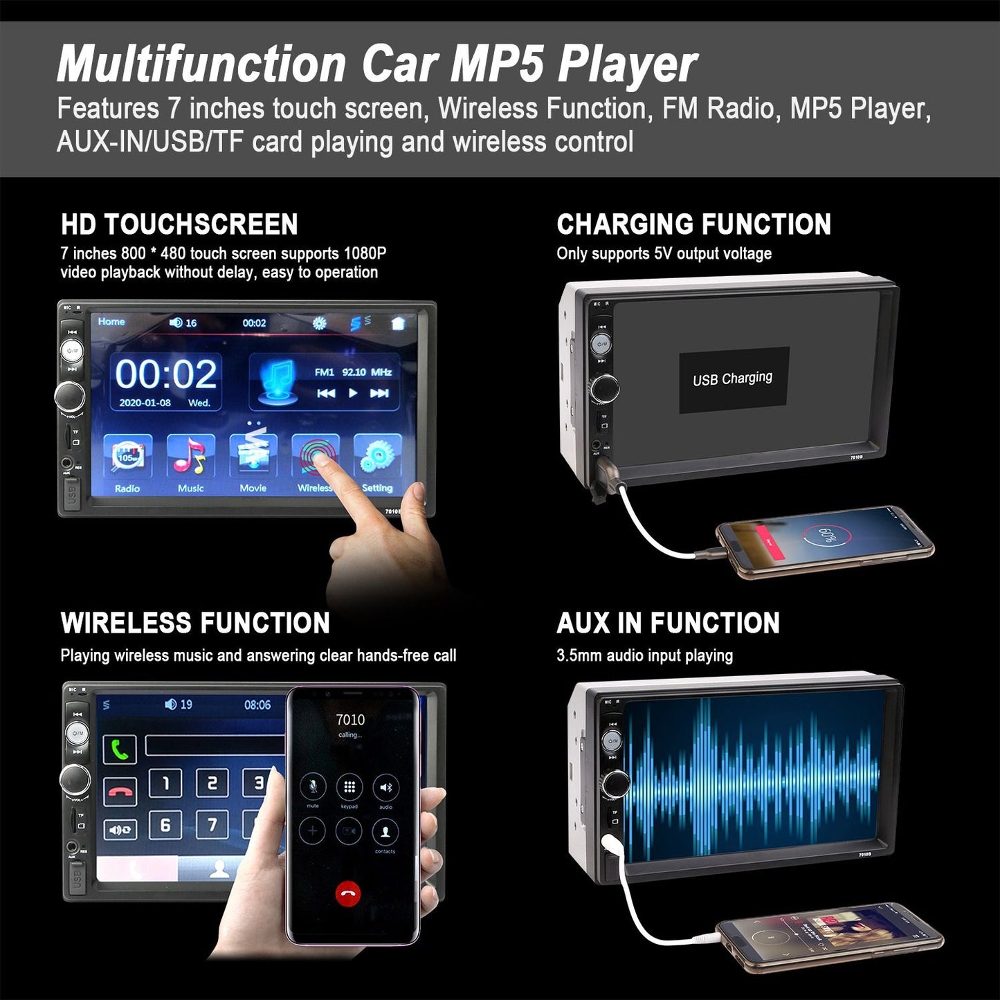 7 Inches Universal Wireless Car MP5 Player 1080P Video Player Stereo Audio FM Radio - Discount Msrp 