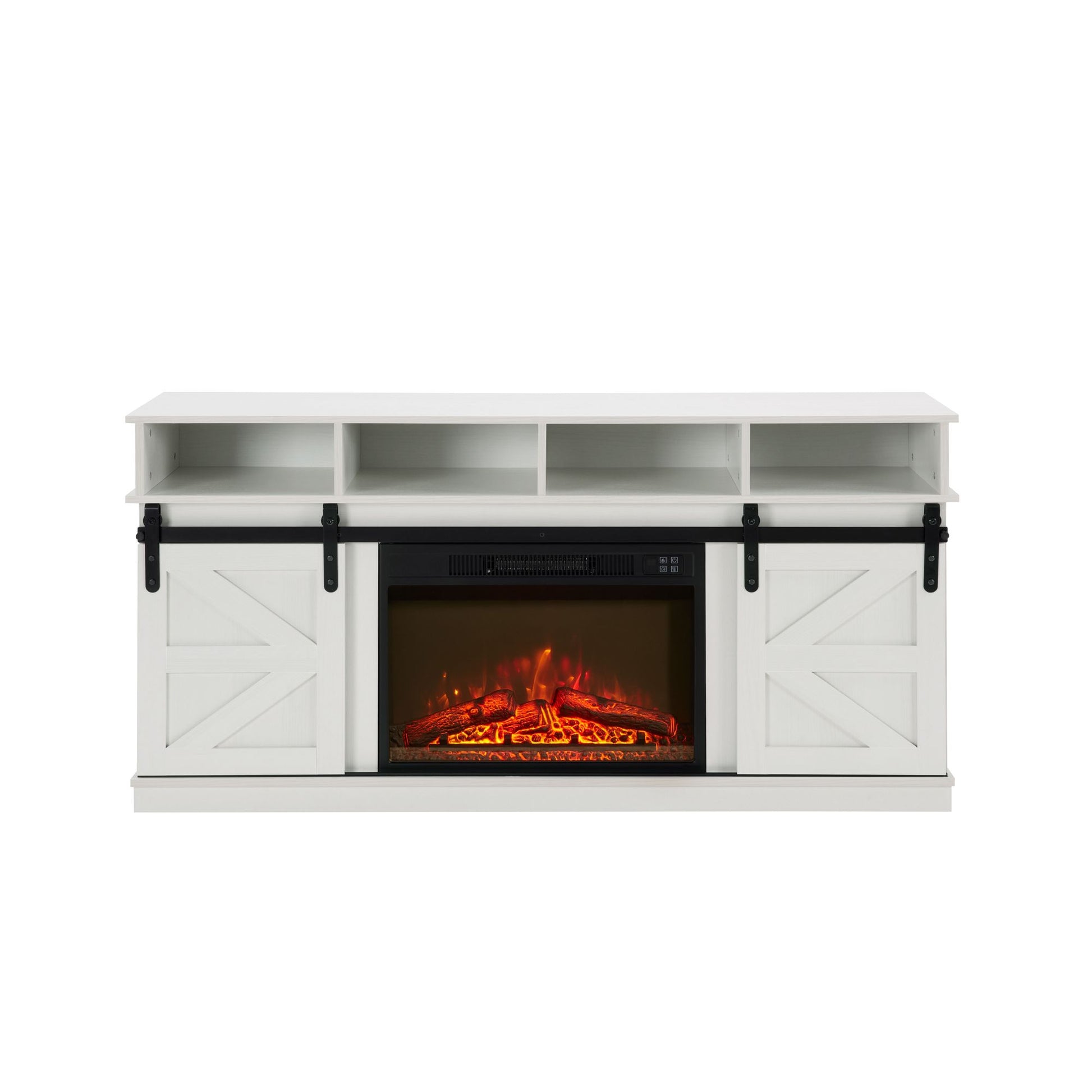 Modern Farmhouse TV Media Stand, Large Barn Inspired Home Entertainment Console, with 23" Fireplace Insert, for TV Up to 65'', with Open Shelves and Closed Cabinets, White - Discount Msrp 