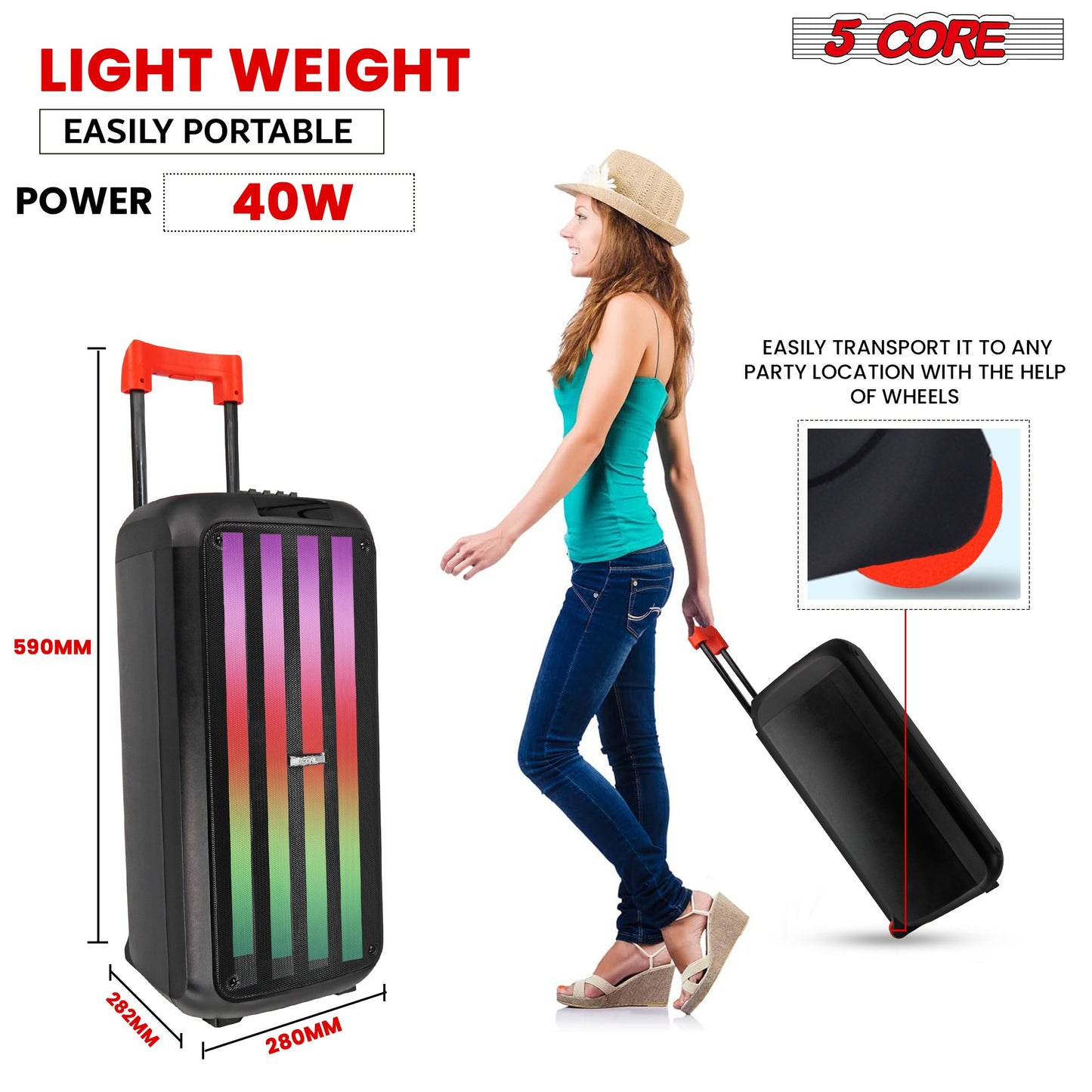 5 Core 8 Inch Bluetooth DJ Speaker 3 Way Boom Box Party Speakers Karaoke Machine Portable PA Bocina for Singing with 2 Wireless Microphone + Light PLB 8X2 2MIC - Discount Msrp 