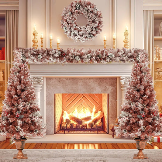 GO 4-Pieces Set Artificial Christmas Tree, Brown Needles with flocking, with Warm Lights, pine cones and berries, Artificial Tree for door and fireplace - Discount Msrp 