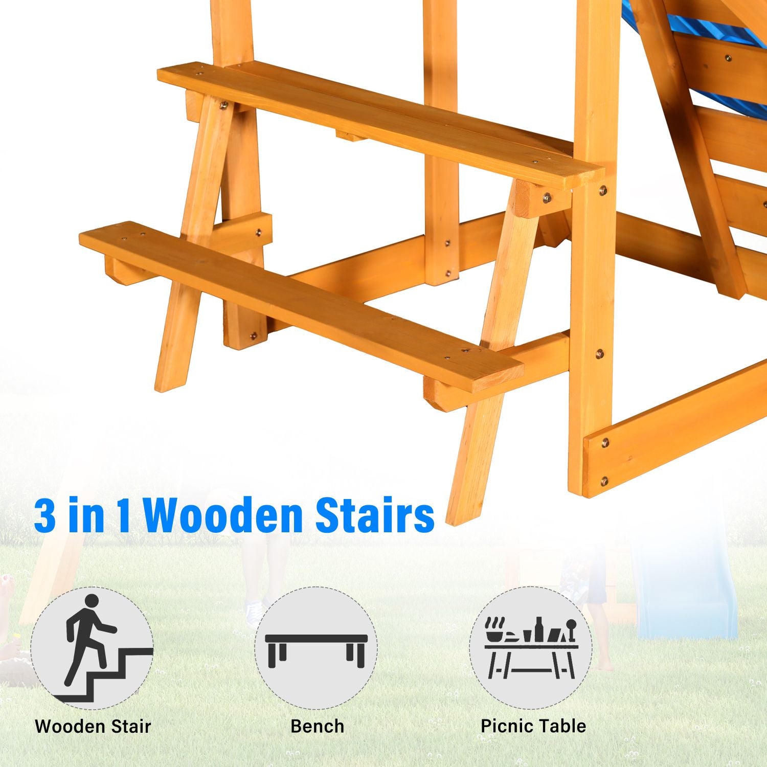 Wooden Outdoor Swing Set 3 in 1 Swing Set outdoor Children's Playset with Slide , 2 Swings and Climber for Garden, Backyard and Playground, Blue - Discount Msrp 