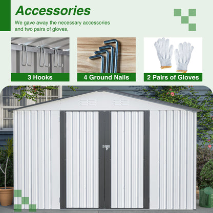10X8 FT Outdoor Storage Shed, All Weather Metal Sheds with Lockable Doors, Tool Shed for Garden, Patio, Backyard, Lawn, Grey - Discount Msrp 
