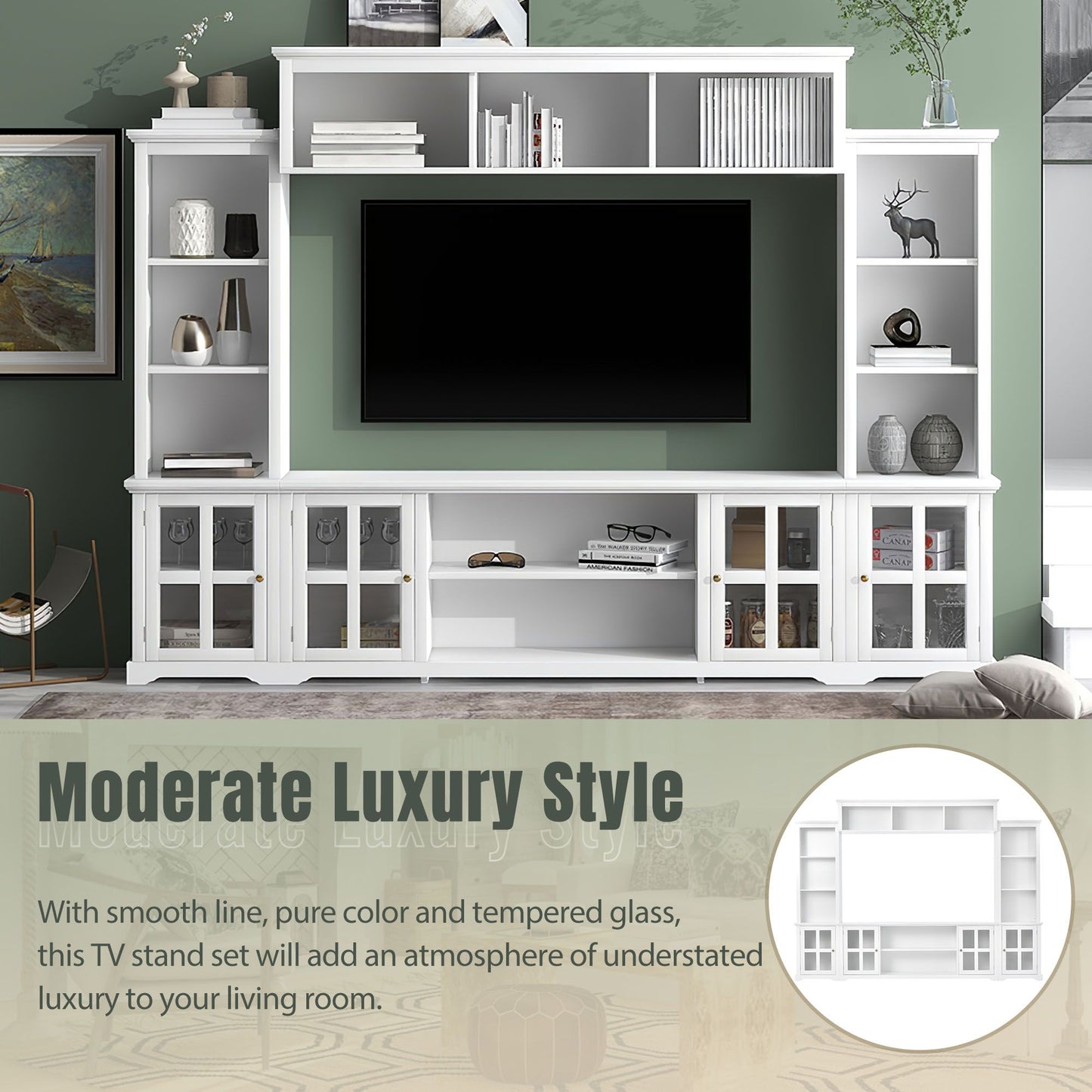 [VIDEO provided] ON-TREND Minimalism Entertainment Wall Unit with Bridge, Modern TV Console Table for TVs Up to 70", Multifunctional TV Stand with Tempered Glass Door, White (Old SKU: SD000009AAK) - Discount Msrp 