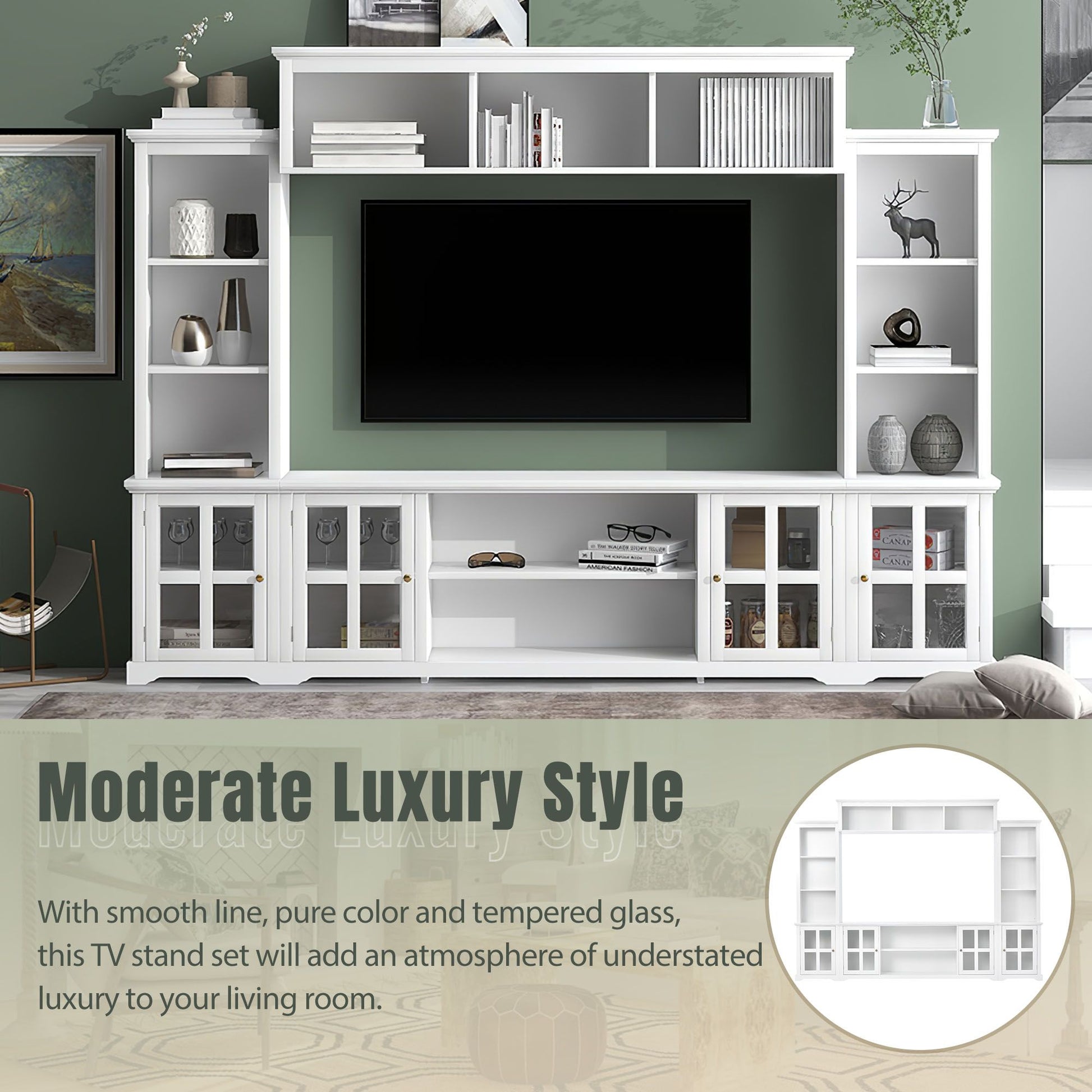 [VIDEO provided] ON-TREND Minimalism Entertainment Wall Unit with Bridge, Modern TV Console Table for TVs Up to 70", Multifunctional TV Stand with Tempered Glass Door, White (Old SKU: SD000009AAK) - Discount Msrp 