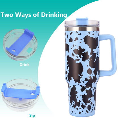 40oz 5D cowprint Insulated Tumbler With Handle And Straw Lid Portable Large Capacity water bottle, Heat preservation,304 Stainless Steel Cup For Outdoor Sports, Travel & Camping Birthday Gift - Discount Msrp 