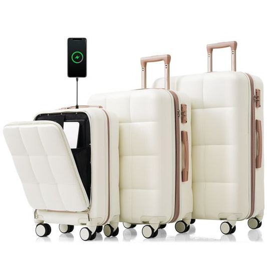 Luggage Sets 3 Piece, 20-inch with USB Port and front opening design, ABS Hard Shell Luggage with Spinner Wheels, Cup Holder, white - Discount Msrp 