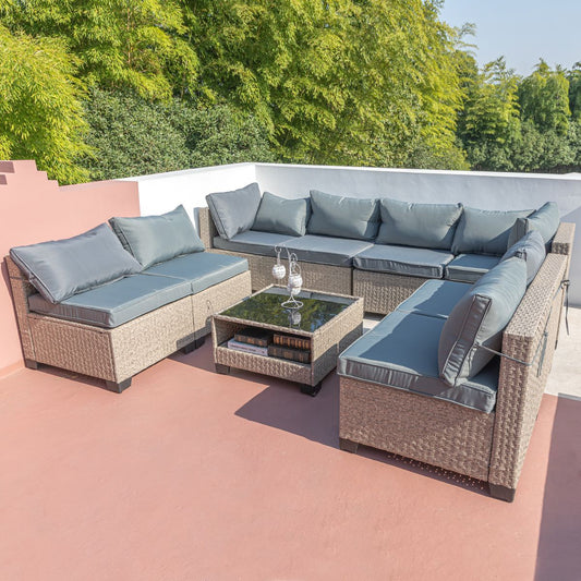 9-Piece Patio Furniture Set, All-Weather Boho Outdoor Conversation Set Sectional Sofa with Water Resistant Grey Thick Cushions - Discount Msrp 