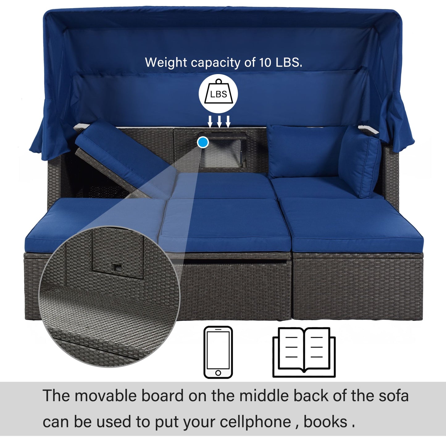 Outdoor Patio Rectangle Daybed with Retractable Canopy, Wicker Furniture Sectional Seating with Washable Cushions, Backyard, Porch - Discount Msrp 
