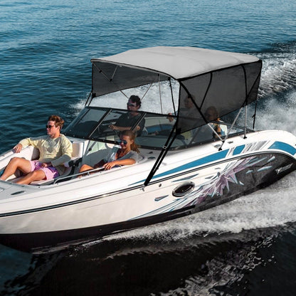 VEVOR 4 Bow Bimini Top Boat Cover, Detachable Mesh Sidewalls, 600D Polyester Canopy with 1" Aluminum Alloy Frame, Includes Storage Boot, 2 Straps, 2 Support Poles, 8'L x 54"H x 85"-90"W, Light Grey - Discount Msrp 