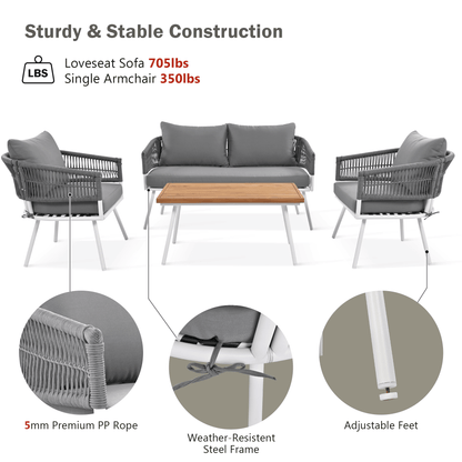4-Piece Patio Furniture Set, Outdoor Furniture with Acacia Wood Table, Patio Conversation Set with Deep Seating & Thick Cushion for Backyard Porch Balcony - Discount Msrp 