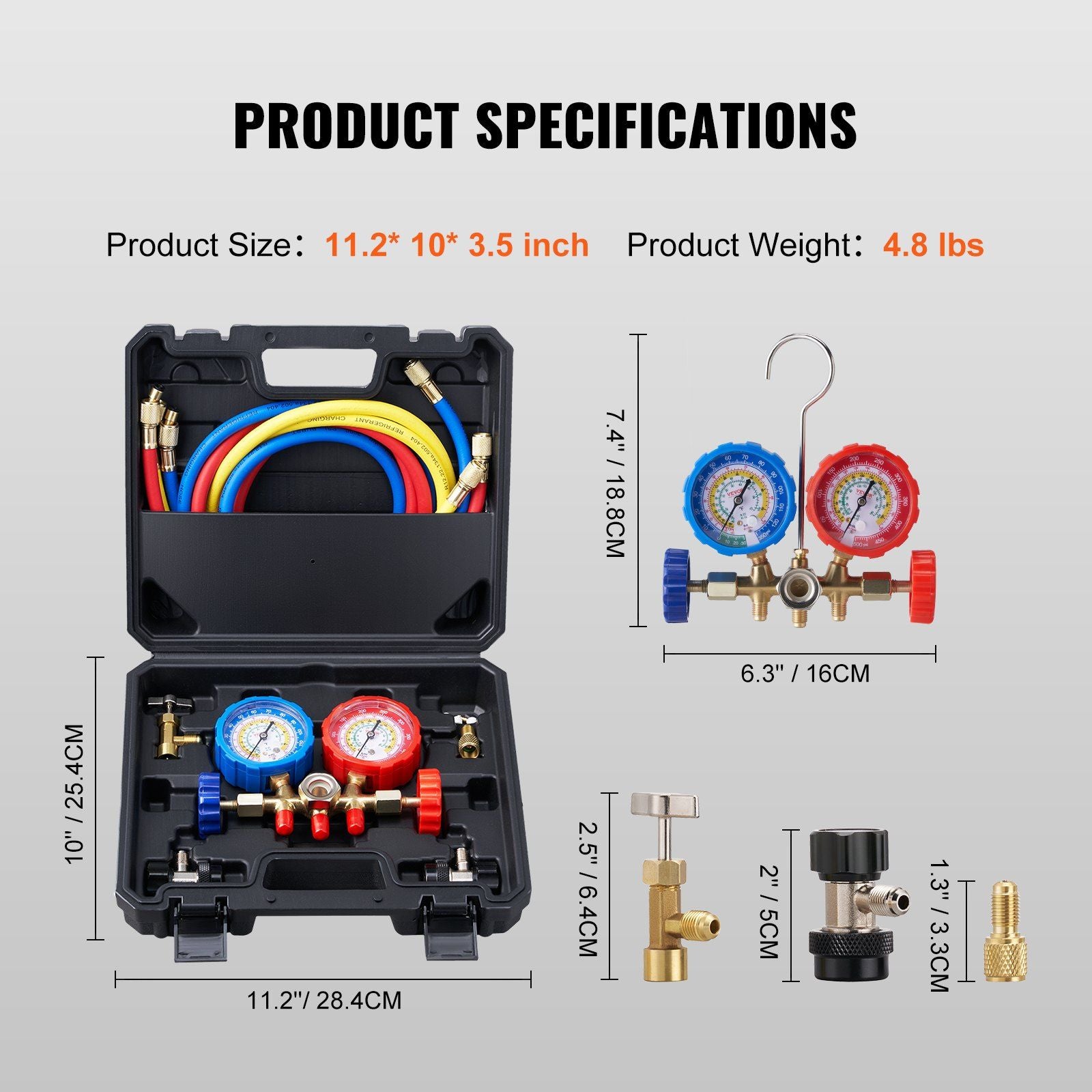 VEVOR AC Gauge Set - 3 Way AC Manifold Gauge Set for R134A R22 R12 R502 Refrigerant, Freon Gauges with 5ft Hoses, Couplers, Can Tap Works on Car Auto Freon Charging and Evacuation - Discount Msrp 