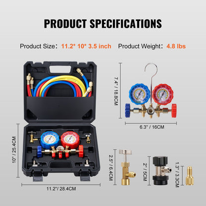 VEVOR AC Gauge Set - 3 Way AC Manifold Gauge Set for R134A R22 R12 R502 Refrigerant, Freon Gauges with 5ft Hoses, Couplers, Can Tap Works on Car Auto Freon Charging and Evacuation - Discount Msrp 