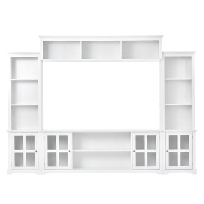 [VIDEO provided] ON-TREND Minimalism Entertainment Wall Unit with Bridge, Modern TV Console Table for TVs Up to 70", Multifunctional TV Stand with Tempered Glass Door, White (Old SKU: SD000009AAK) - Discount Msrp 