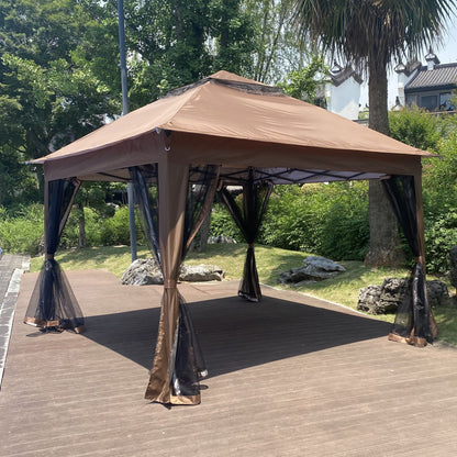 Outdoor 11x 11Ft Pop Up Gazebo Canopy With Removable Zipper Netting,2-Tier Soft Top Event Tent,Suitable For Patio Backyard Garden Camping Area with 4 Sandbags,Brown - Discount Msrp 