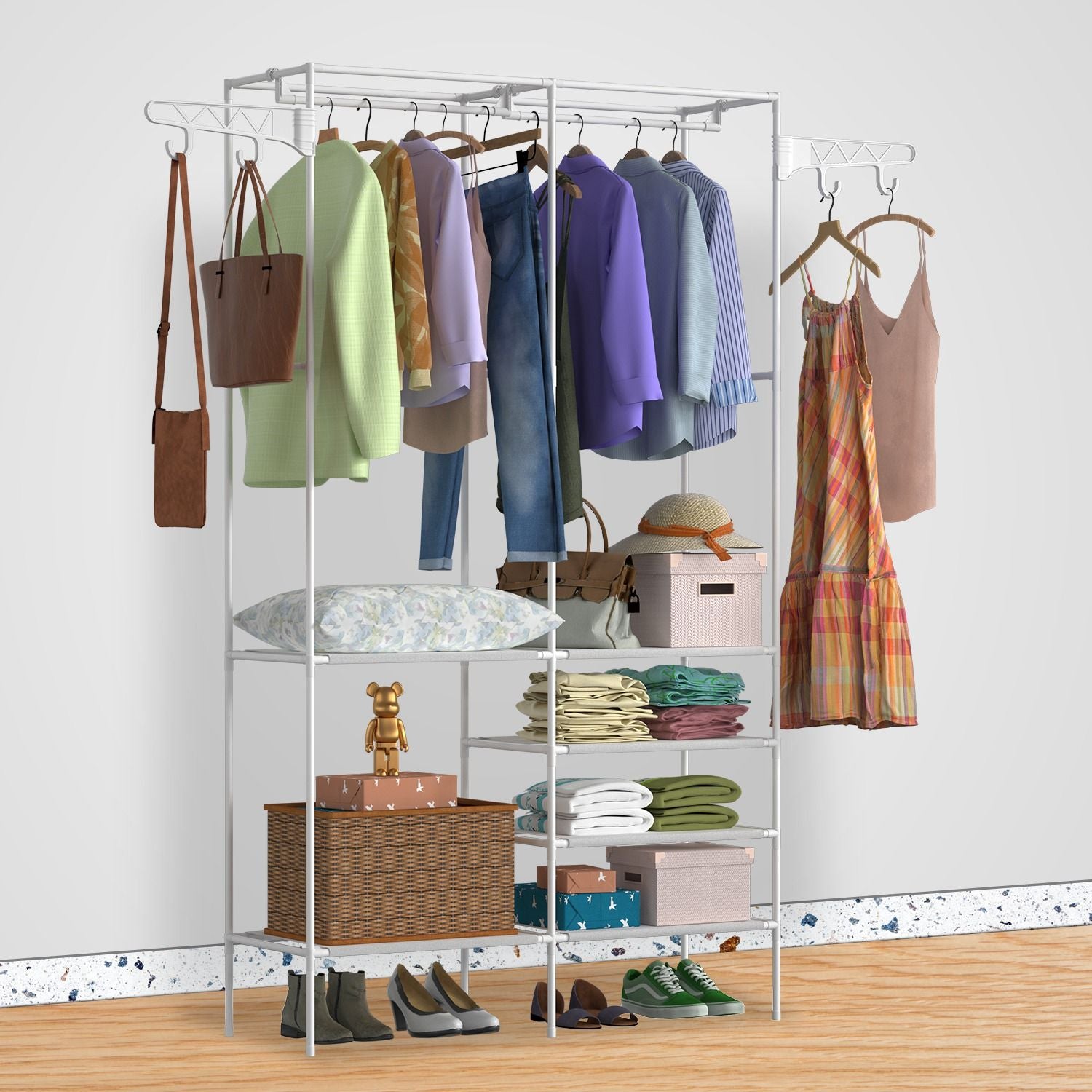 Metal Garment Rack Shoe Clothing Organizer Shelves Freestanding Multifunctional Clothes Wardrobe - Discount Msrp 