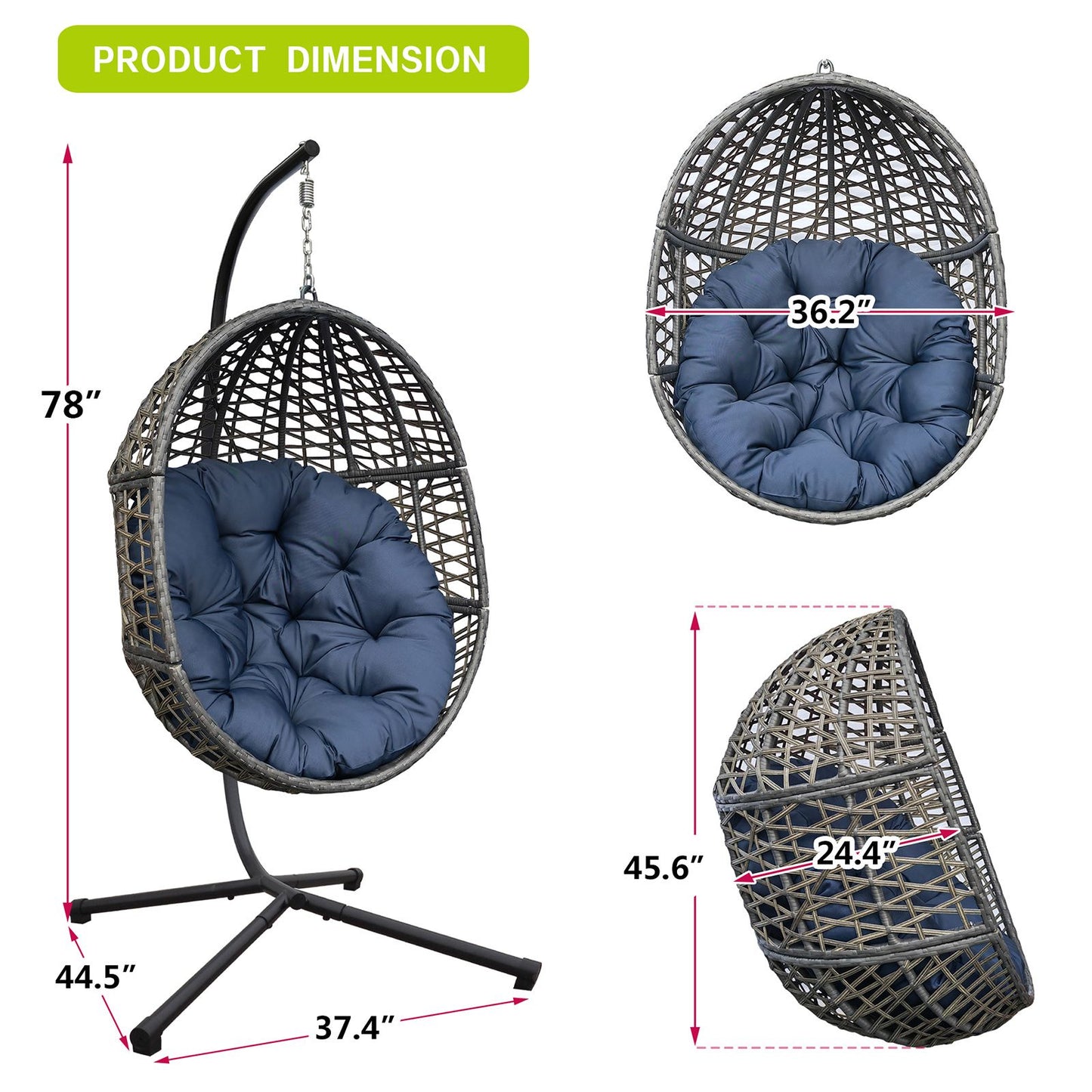 Wicker Hanging Swing Chair; Rattan Hanging Egg Chair with Durable Stand and Waterproof Cushion for Outdoor Garden or Indoor Living Room - Discount Msrp 