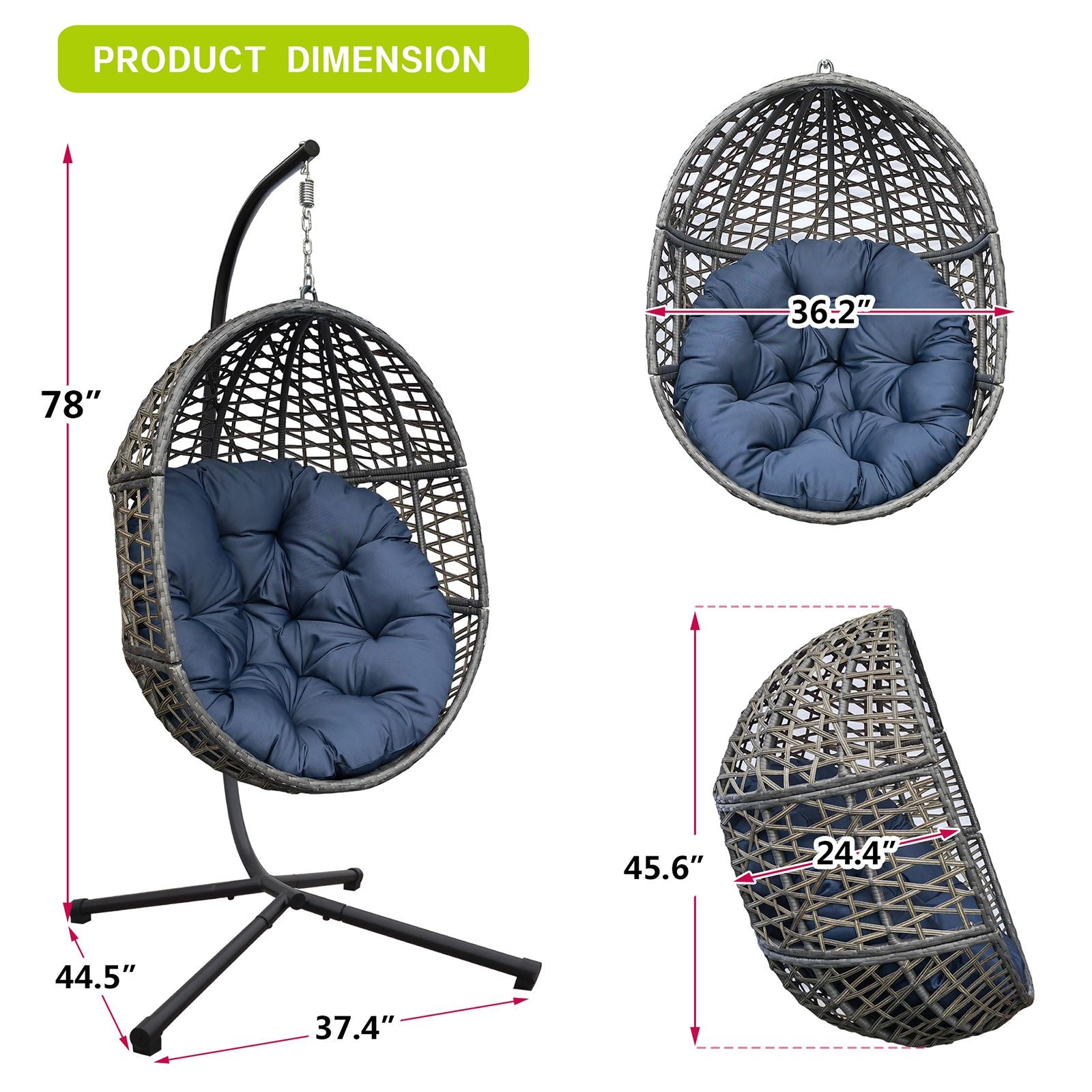 Wicker Hanging Swing Chair; Rattan Hanging Egg Chair with Durable Stand and Waterproof Cushion for Outdoor Garden or Indoor Living Room - Discount Msrp 