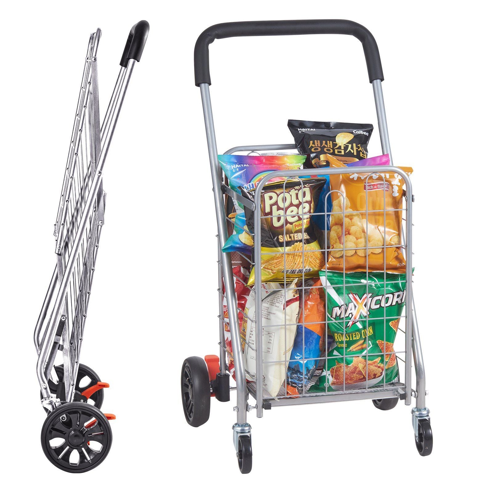 VEVOR Folding Shopping Cart, 66 lbs Max Load Capacity, Grocery Utility Cart with Rolling Swivel Wheels, Heavy Duty Foldable Laundry Basket Trolley Compact Lightweight Collapsible for Luggage, Silver - Discount Msrp 