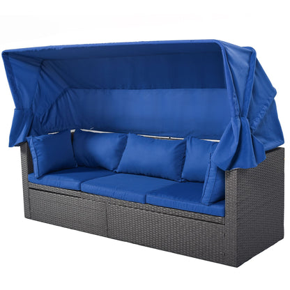 Outdoor Patio Rectangle Daybed with Retractable Canopy, Wicker Furniture Sectional Seating with Washable Cushions, Backyard, Porch - Discount Msrp 